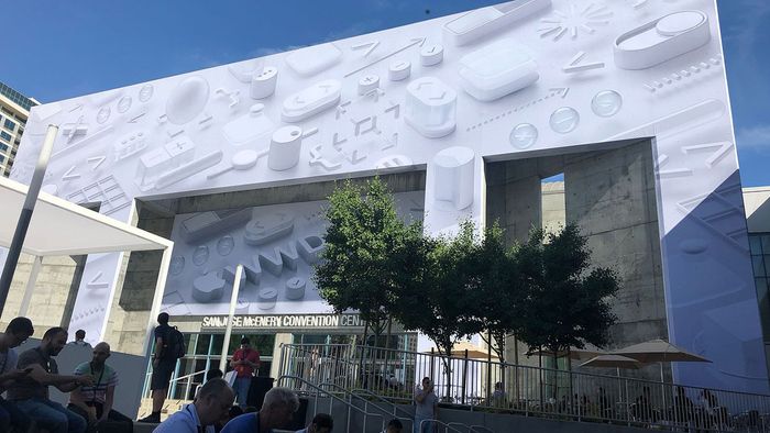 The facade of McEnery Convention Center in San Jose covered in WWDC decorations