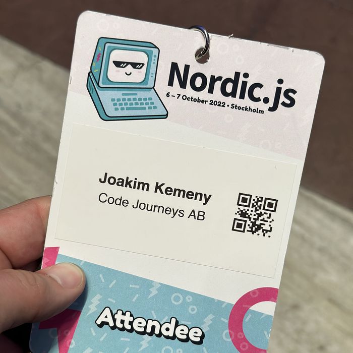 My attendee badge for Nordic.js with my company name Code Journeys AB written on it
