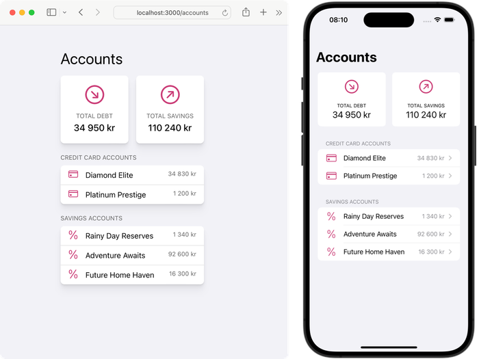 The accounts screen shown on the web and as an iOS app