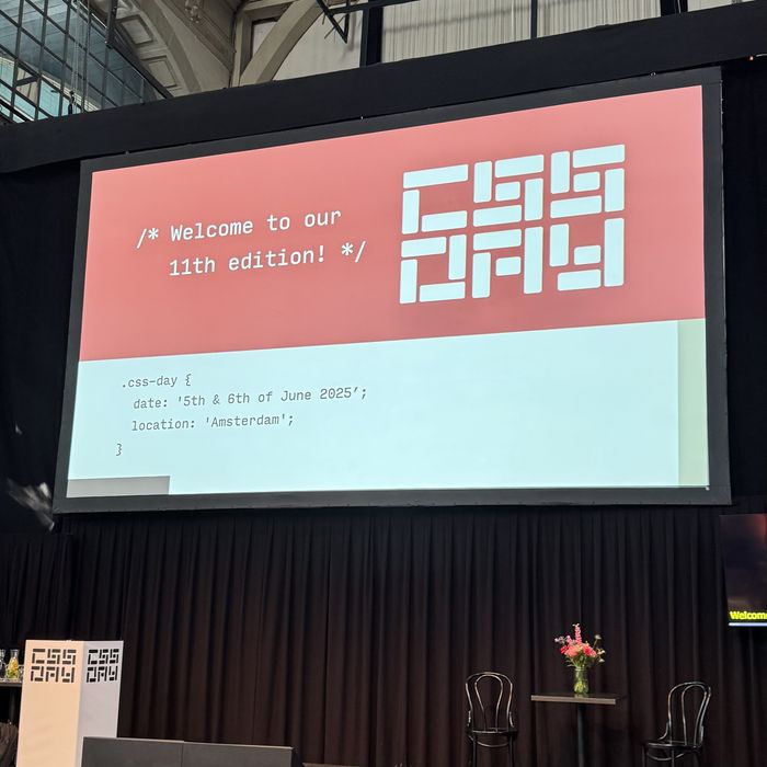 The red welcome screen for the 11:th edition of CSSDay, 2025, in Amsterdam